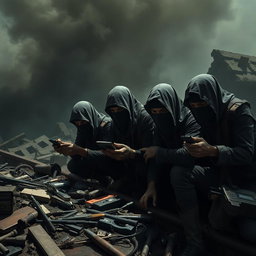 A group of simple resistance fighters with covered faces, intensely focused on small electronic equipment amidst a chaotic, post-apocalyptic environment
