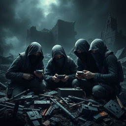 A group of simple resistance fighters with covered faces, intensely focused on small electronic equipment amidst a chaotic, post-apocalyptic environment