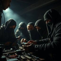 In a dramatic and dark post-apocalyptic setting, a group of strong resistance fighters with covered faces are intensely focused on small electronic equipment