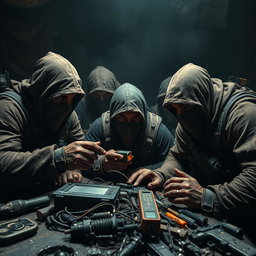 In a dramatic and dark post-apocalyptic setting, a group of strong resistance fighters with covered faces are intensely focused on small electronic equipment