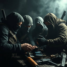 In a dramatic and dark post-apocalyptic setting, a group of strong resistance fighters with covered faces are intensely focused on small electronic equipment