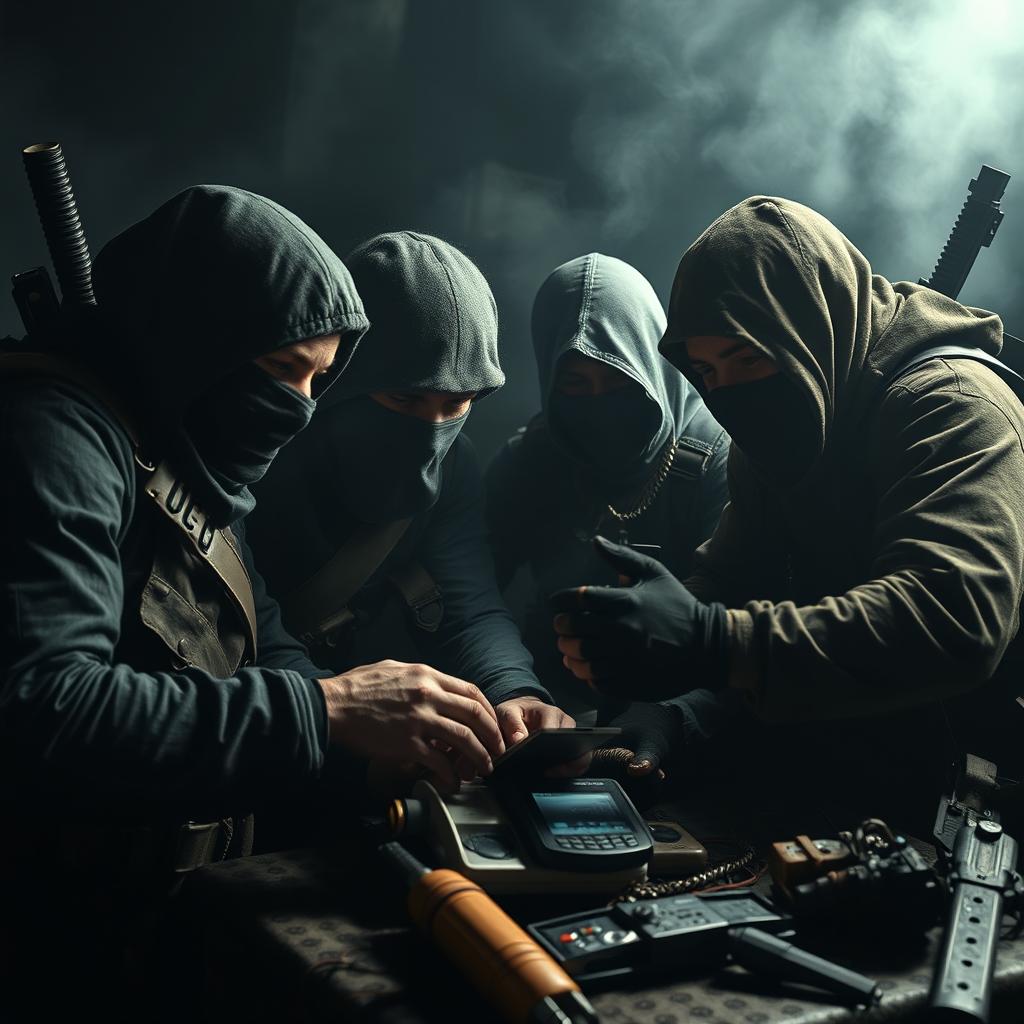 In a dramatic and dark post-apocalyptic setting, a group of strong resistance fighters with covered faces are intensely focused on small electronic equipment