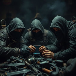 In a dramatic and dark post-apocalyptic setting, a group of strong resistance fighters with covered faces are intensely focused on small electronic equipment