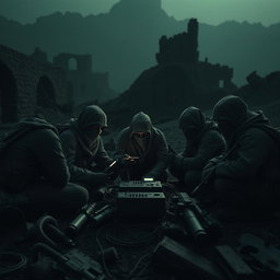 A far view of a group of simple resistance fighters with covered faces, dramatically positioned within a dark and epic post-apocalyptic landscape