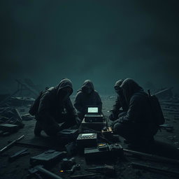 A far view of a group of simple resistance fighters with covered faces, dramatically positioned within a dark and epic post-apocalyptic landscape