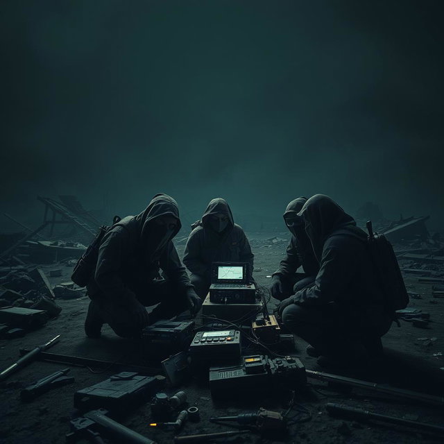 A far view of a group of simple resistance fighters with covered faces, dramatically positioned within a dark and epic post-apocalyptic landscape
