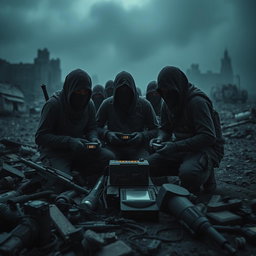 A far view of a group of simple resistance fighters with covered faces, dramatically positioned within a dark and epic post-apocalyptic landscape