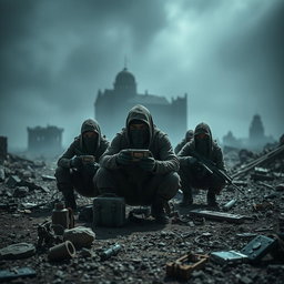 A far view of a group of simple resistance fighters with covered faces, dramatically positioned within a dark and epic post-apocalyptic landscape
