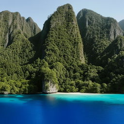 A breathtaking view of a towering mountain peaking from a lush, tropical island surrounded by crystal clear water.