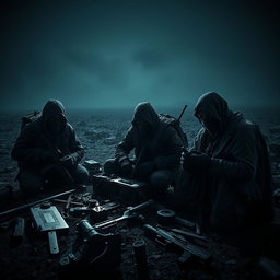 A far view of simple resistance fighters with covered faces, dramatically set in a dark and epic post-apocalyptic landscape