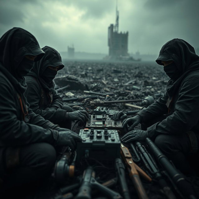 A far view of simple resistance fighters with covered faces, dramatically set in a dark and epic post-apocalyptic landscape