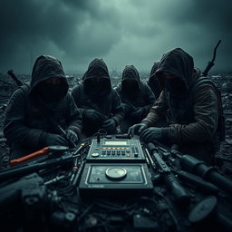 A far view of simple resistance fighters with covered faces, dramatically set in a dark and epic post-apocalyptic landscape