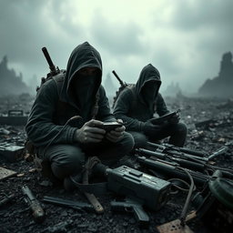 A far view of simple resistance fighters with covered faces, dramatically set in a dark and epic post-apocalyptic landscape