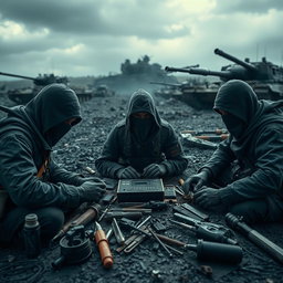 A far view of simple resistance fighters with covered faces, dramatically set in a dark and epic post-apocalyptic landscape