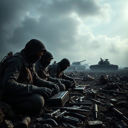A far view of simple resistance fighters with covered faces, dramatically set in a dark and epic post-apocalyptic landscape