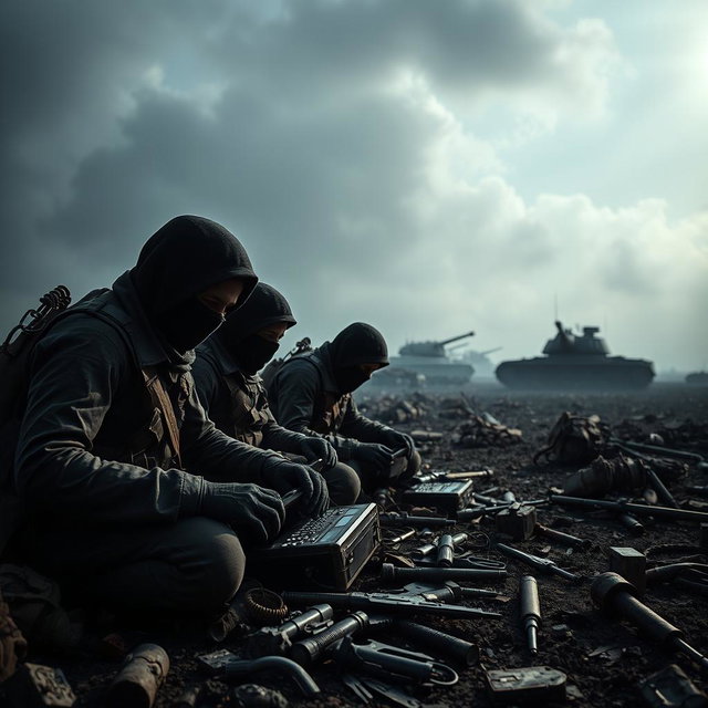 A far view of simple resistance fighters with covered faces, dramatically set in a dark and epic post-apocalyptic landscape