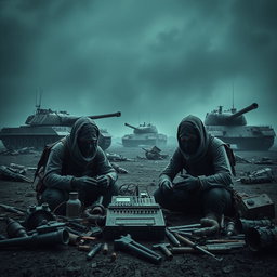 A far view of simple resistance fighters with covered faces, dramatically set in a dark and epic post-apocalyptic landscape