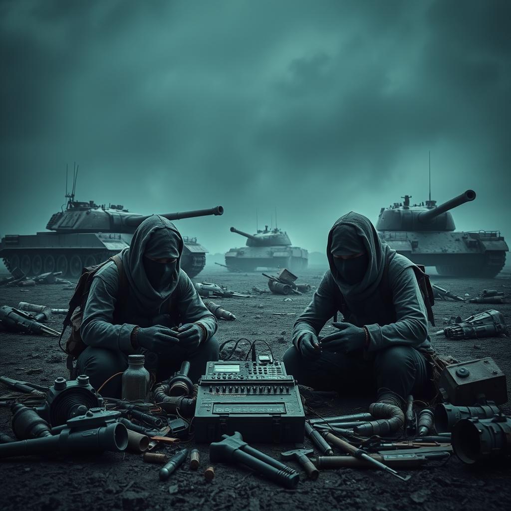 A far view of simple resistance fighters with covered faces, dramatically set in a dark and epic post-apocalyptic landscape