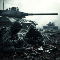 A far view of simple resistance fighters with covered faces, dramatically set in a dark and epic post-apocalyptic landscape