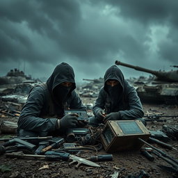 A far view of simple resistance fighters with covered faces, dramatically set in a dark and epic post-apocalyptic scene