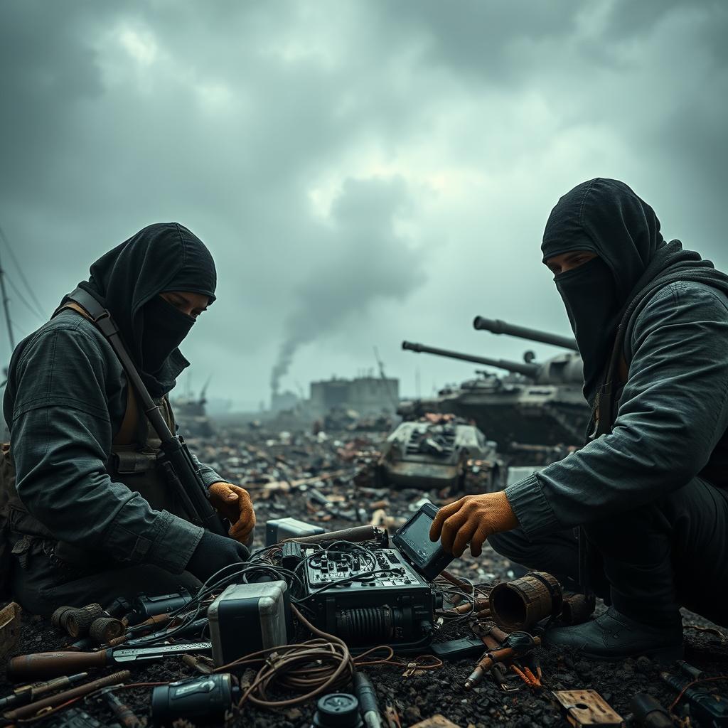 A far view of simple resistance fighters with covered faces, dramatically set in a dark and epic post-apocalyptic scene