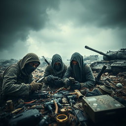 A far view of simple resistance fighters with covered faces, dramatically set in a dark and epic post-apocalyptic scene