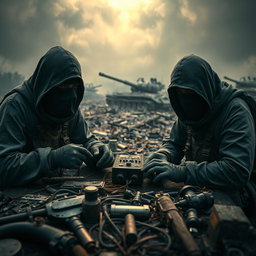 A far view of simple resistance fighters with covered faces, dramatically set in a dark and epic post-apocalyptic scene