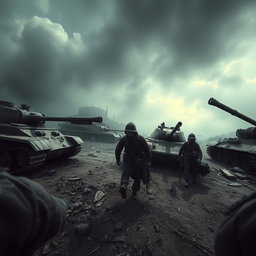 A self-view perspective of simple resistance fighters, set against a dark and epic backdrop featuring destroyed tanks