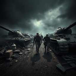 A self-view perspective of simple resistance fighters, set against a dark and epic backdrop featuring destroyed tanks