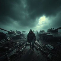 A self-view perspective of simple resistance fighters, set against a dark and epic backdrop featuring destroyed tanks