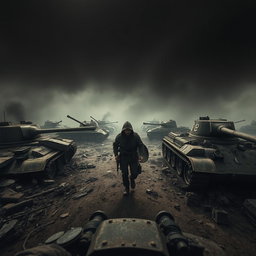 A self-view perspective of simple resistance fighters, set against a dark and epic backdrop featuring destroyed tanks