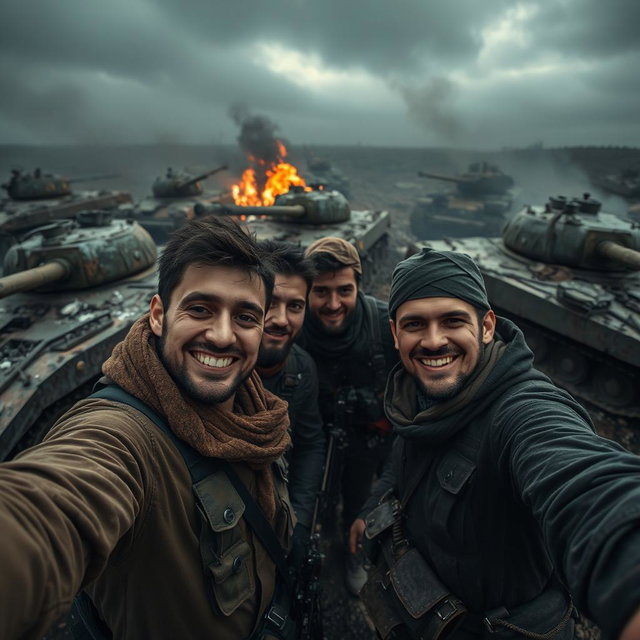 A dark and epic scene featuring simple resistance fighters taking a selfie amidst the backdrop of destroyed tanks
