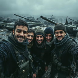 A dark and epic scene featuring simple resistance fighters taking a selfie amidst the backdrop of destroyed tanks