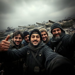 A dark and epic scene featuring simple resistance fighters taking a selfie amidst the backdrop of destroyed tanks