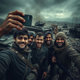 A dark and epic scene featuring simple resistance fighters taking a selfie amidst the backdrop of destroyed tanks