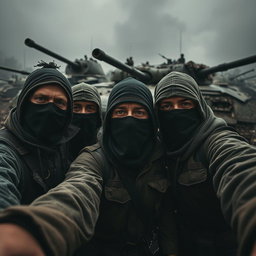 A dark and epic scene featuring simple resistance fighters with covered faces taking a selfie in front of destroyed tanks