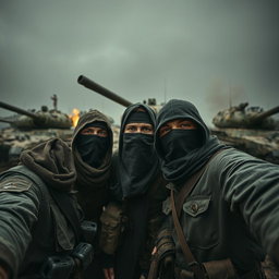 A dark and epic scene featuring simple resistance fighters with covered faces taking a selfie in front of destroyed tanks