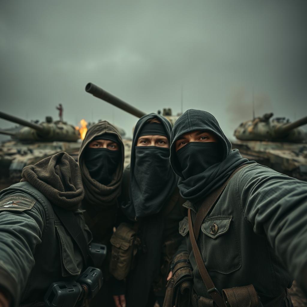A dark and epic scene featuring simple resistance fighters with covered faces taking a selfie in front of destroyed tanks
