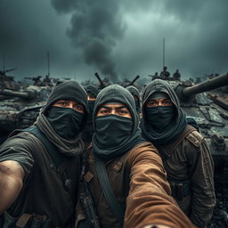 A dark and epic scene featuring simple resistance fighters with covered faces taking a selfie in front of destroyed tanks