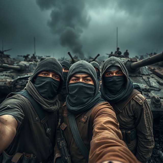 A dark and epic scene featuring simple resistance fighters with covered faces taking a selfie in front of destroyed tanks