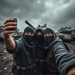 A dark and epic scene featuring simple resistance fighters with covered faces taking a selfie in front of destroyed tanks
