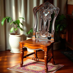 A beautifully crafted wooden chair, showcasing intricate carvings on the backrest and legs, with a warm, polished finish