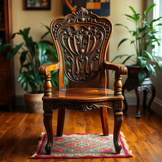 A beautifully crafted wooden chair, showcasing intricate carvings on the backrest and legs, with a warm, polished finish