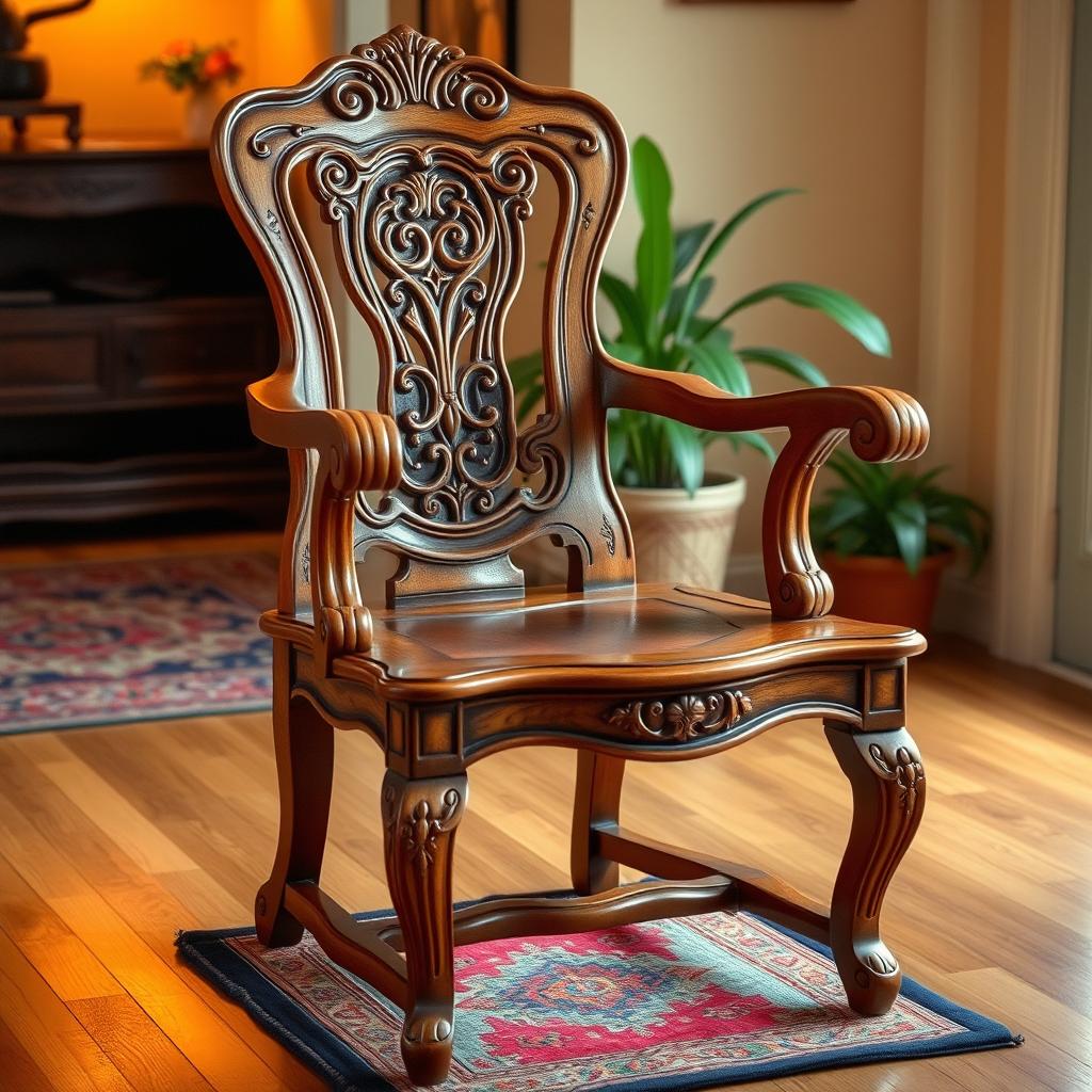 A beautifully crafted wooden chair, showcasing intricate carvings on the backrest and legs, with a warm, polished finish