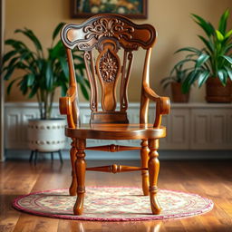 A beautifully crafted wooden chair, showcasing intricate carvings on the backrest and legs, with a warm, polished finish