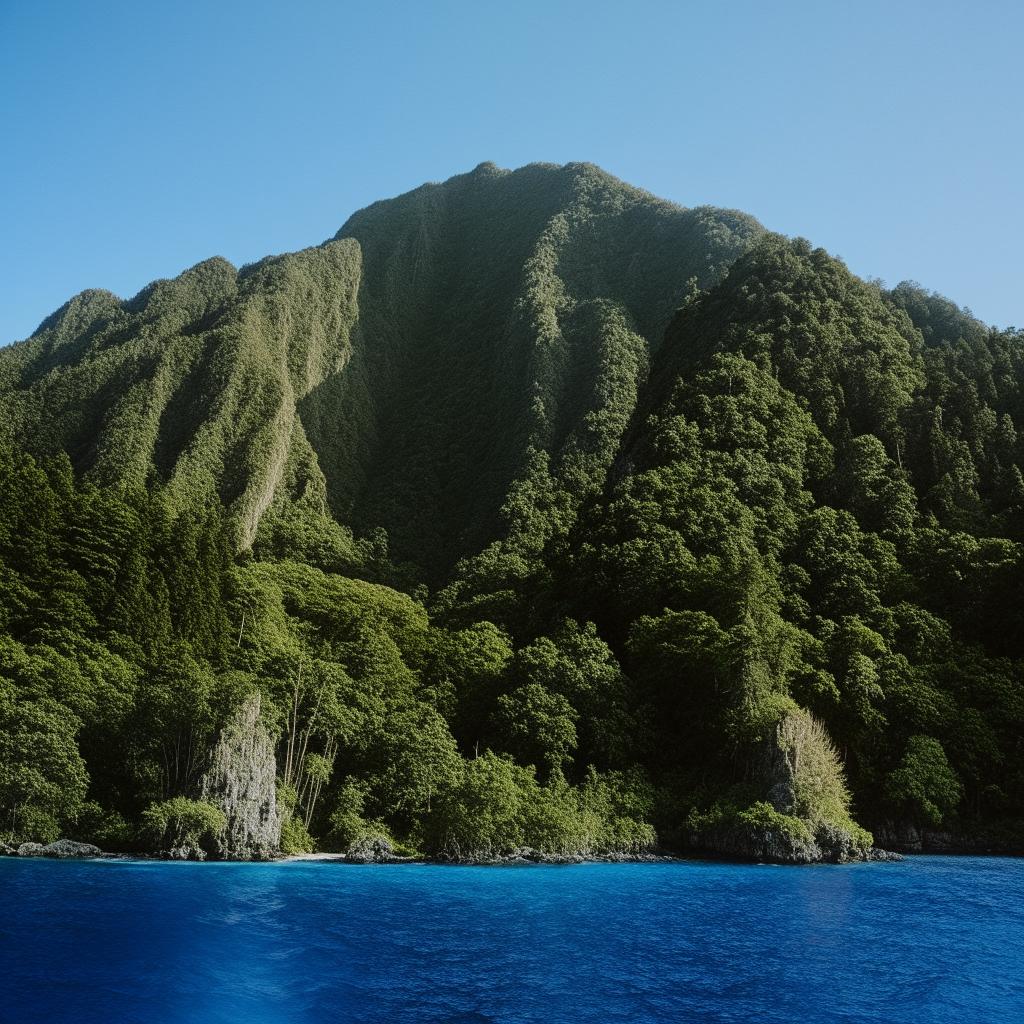 A breathtaking view of a towering mountain peaking from a lush, tropical island surrounded by crystal clear water.