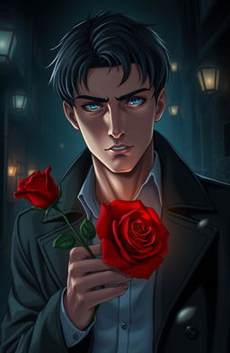 A handsome detective with piercing blue eyes and short black hair stands in a dimly-lit, mysterious environment, surrounded by shadows