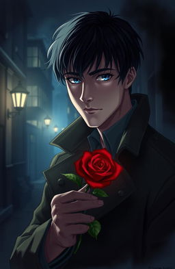 A handsome detective with piercing blue eyes and short black hair stands in a dimly-lit, mysterious environment, surrounded by shadows