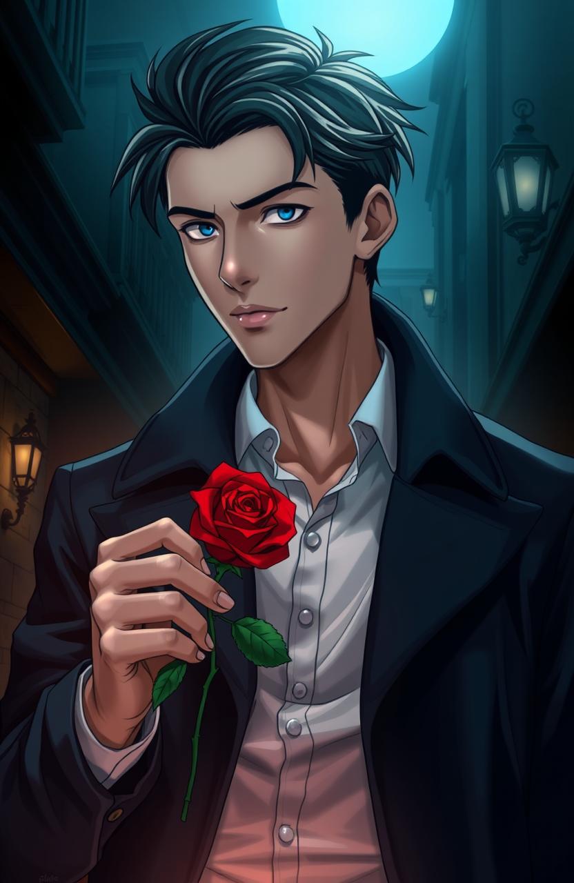 A handsome detective with piercing blue eyes and short black hair stands in a dimly-lit, mysterious environment, surrounded by shadows