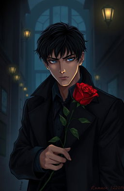 A handsome detective with piercing blue eyes and short black hair stands in a dimly-lit, mysterious environment, surrounded by shadows